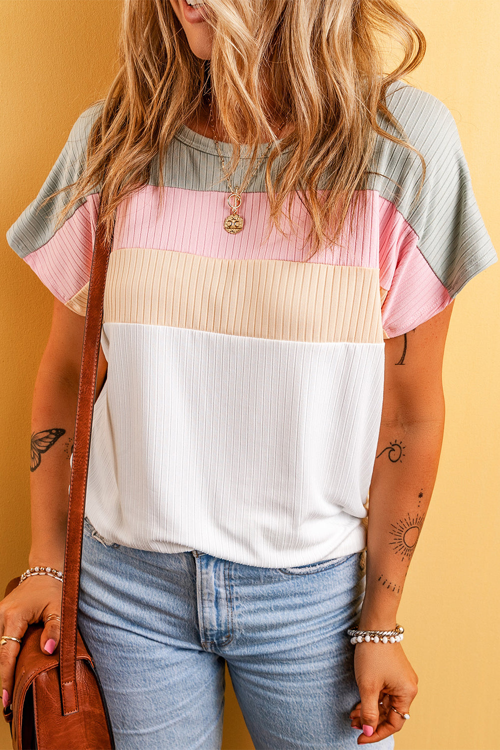 Julieta Ribbed Color Block Patchwork T-shirt-2