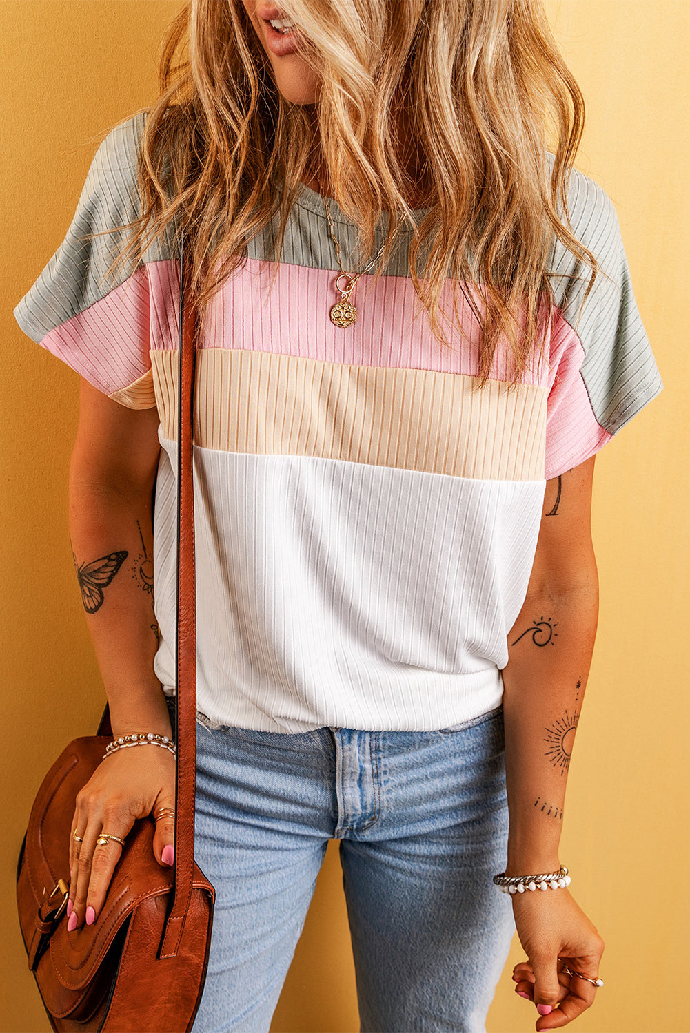 Julieta Ribbed Color Block Patchwork T-shirt-3
