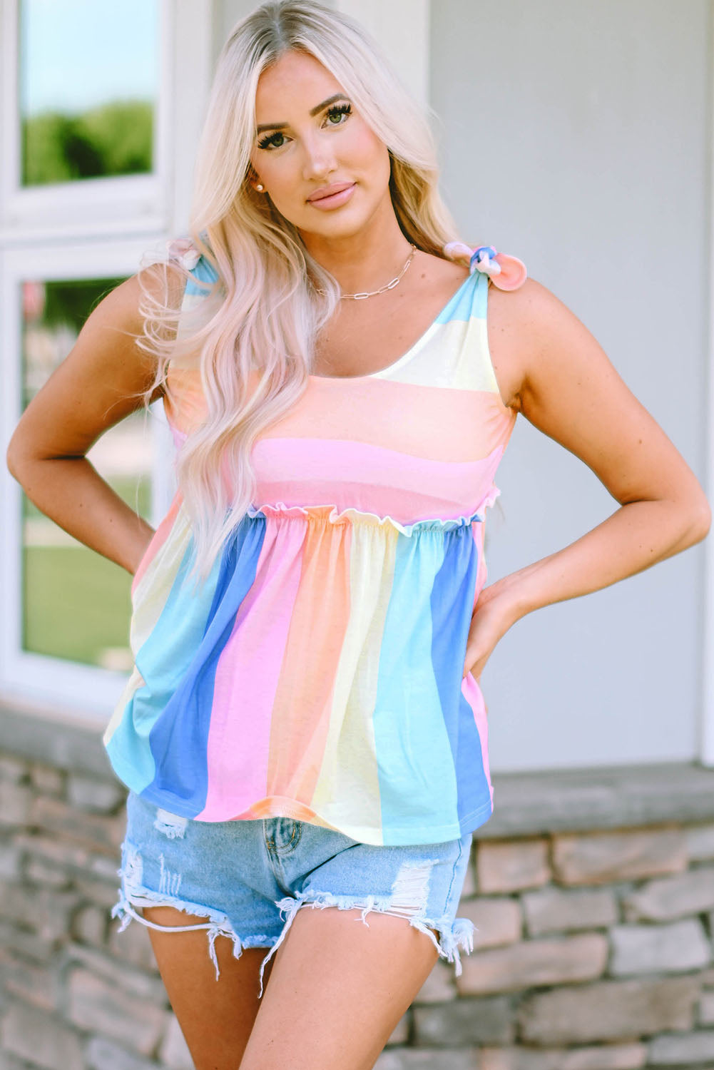Haley Striped Tied Shoulder Tank Top-2