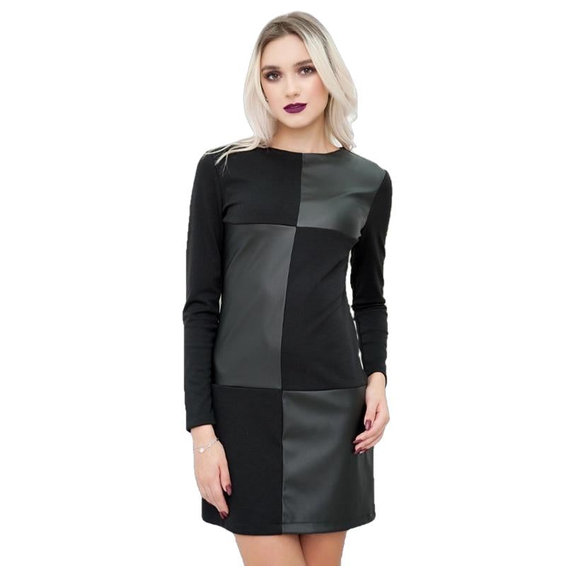 Women Vintage Leather Patchwork Elegant Dress-0