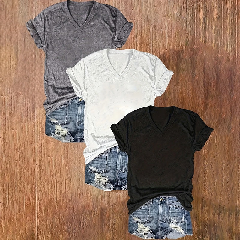 3-Pack Women's Basic V-Neck Tees Set Summer Soild Color Short Sleeve T-Shirts