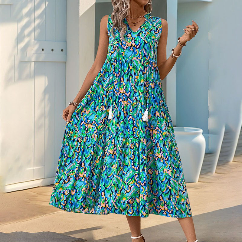 Women's Bohemian Sleeveless Tassel Tie-Dye Maxi Dress Spring Summer Casual Sundress