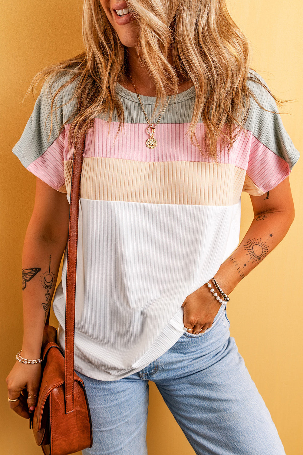 Julieta Ribbed Color Block Patchwork T-shirt-0