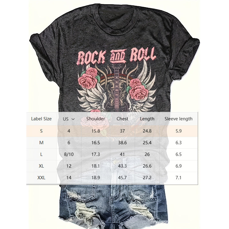 Women's Rock Floral Wing Print Short Sleeve T-Shirt Edgy Casual Summer Top