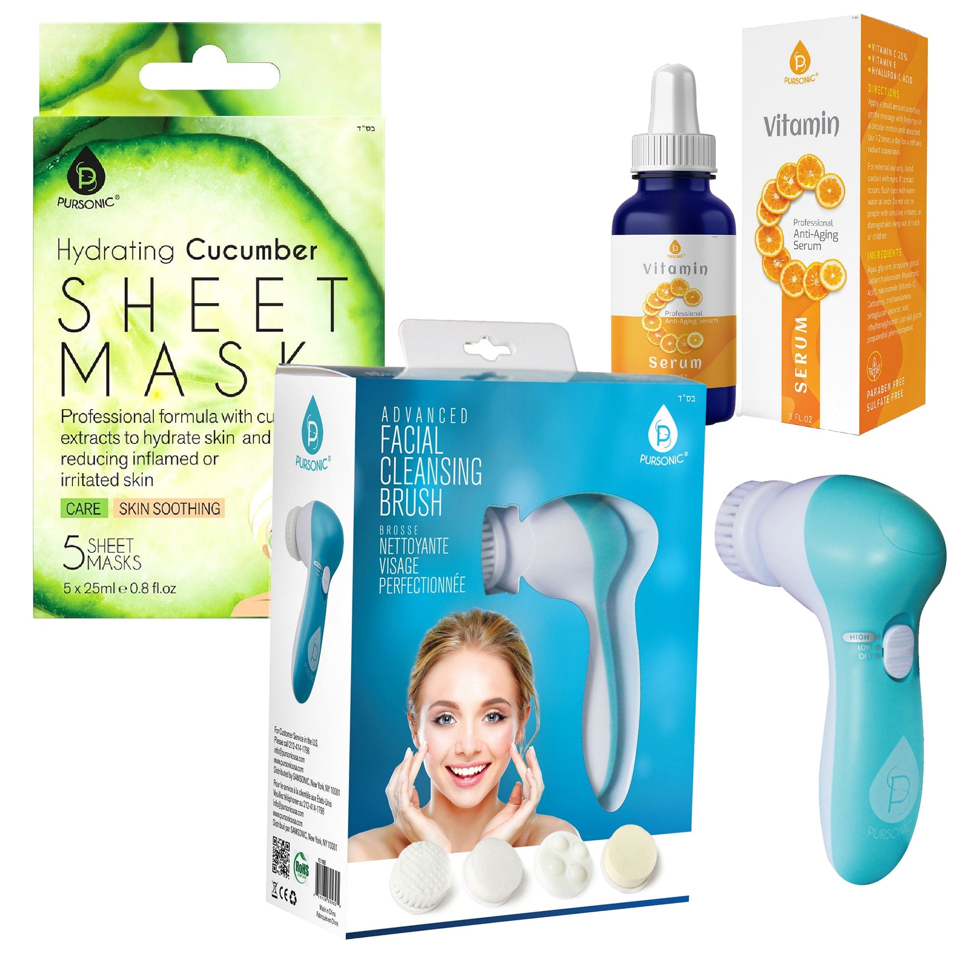 Ultimate Skincare Gift Bundle: Hydrating Cucumber Sheet Masks, Advanced Facial Cleansing Brush, Vitamin C Serum (3 fl. oz)-0