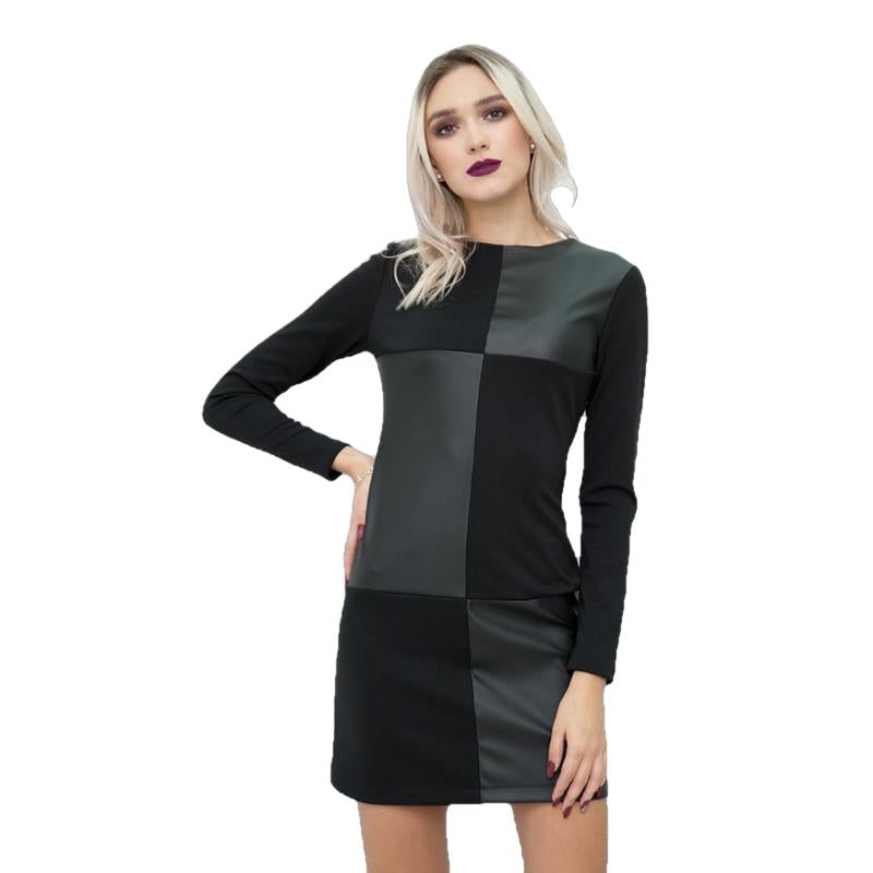 Women Vintage Leather Patchwork Elegant Dress-1